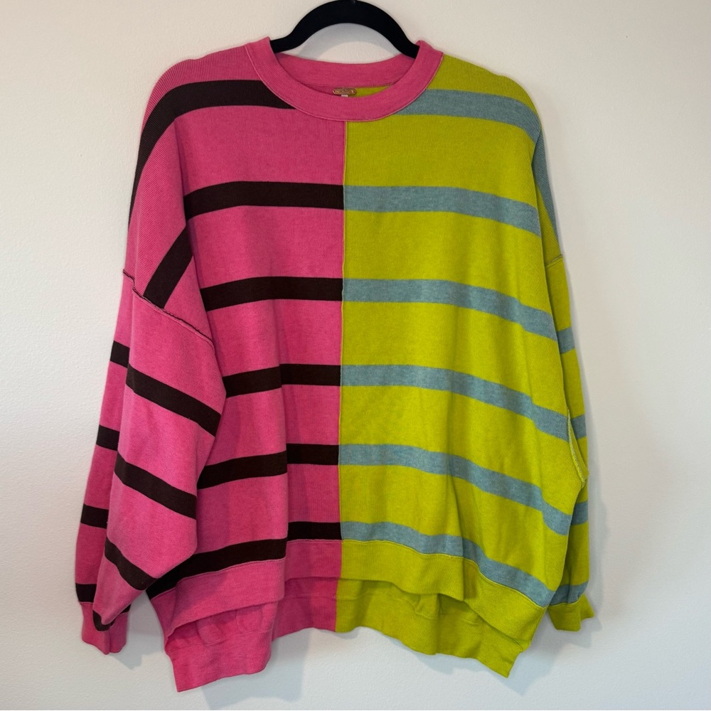 Women's Oversized Colorblock Stripe Sweater - Pink & Lime